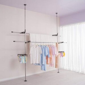 baoyouni double pole adjustable laundry clothes drying rack standing garment storage organizer heavy duty space saver diy pants hanger rod rail floor to ceiling, height 64.96'' to 98.42'' - grey