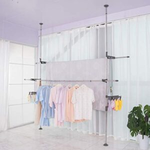 BAOYOUNI Double Pole Adjustable Laundry Clothes Drying Rack Standing Garment Storage Organizer Heavy Duty Space Saver DIY Pants Hanger Rod Rail Floor to Ceiling, Height 64.96'' to 98.42'' - Grey