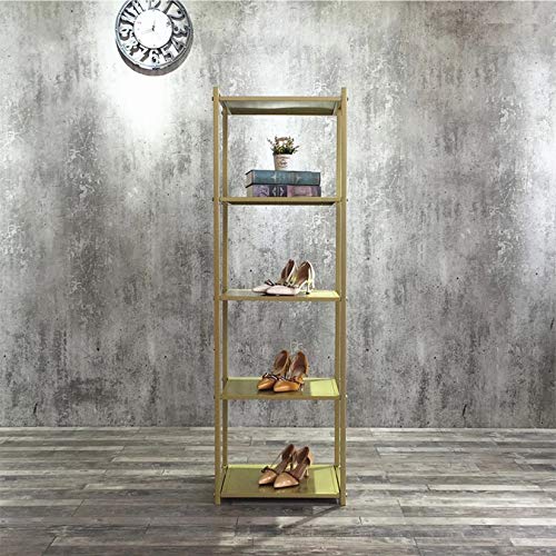 MDEPYCO 5-Tier Clothing Retail Heavy Duty Metal Display Rack,Shoe Bag Jewelry Potted Plants Crafts Organizer Shelves,Home Kitchen Bedroom Bathroom Office Floor-Standing Storage Shelf (Gold)