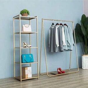 MDEPYCO 5-Tier Clothing Retail Heavy Duty Metal Display Rack,Shoe Bag Jewelry Potted Plants Crafts Organizer Shelves,Home Kitchen Bedroom Bathroom Office Floor-Standing Storage Shelf (Gold)