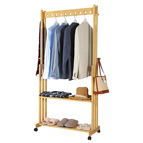 LUCKWIND Freestanding Garment Rack Clothes Racks, Rolling Clothing Racks for Hanging Clothes, Wooden Hanger with 2-Tier Shelves, Shoe Clothing Storage Organizer for Entryway