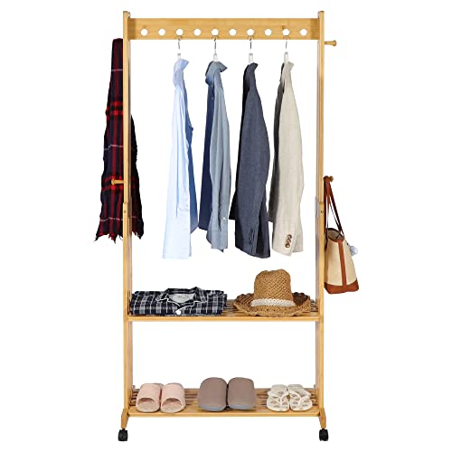 LUCKWIND Freestanding Garment Rack Clothes Racks, Rolling Clothing Racks for Hanging Clothes, Wooden Hanger with 2-Tier Shelves, Shoe Clothing Storage Organizer for Entryway