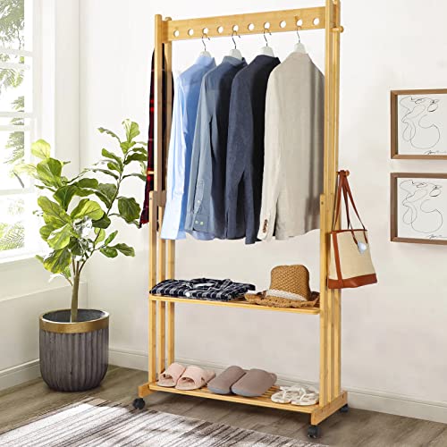 LUCKWIND Freestanding Garment Rack Clothes Racks, Rolling Clothing Racks for Hanging Clothes, Wooden Hanger with 2-Tier Shelves, Shoe Clothing Storage Organizer for Entryway