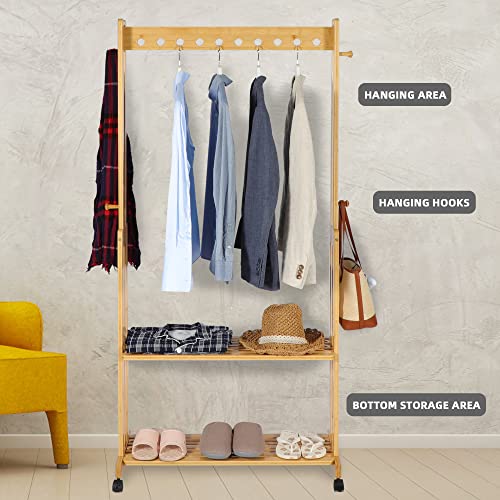 LUCKWIND Freestanding Garment Rack Clothes Racks, Rolling Clothing Racks for Hanging Clothes, Wooden Hanger with 2-Tier Shelves, Shoe Clothing Storage Organizer for Entryway