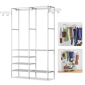 teqhome garment rack, 42'' freestanding clothes rack shoe clothing organizer shelves, multifunctional clothes wardrobe with 4 hooks & 2 hanging rods, coated iron frame, easy assembly, max load 350lbs