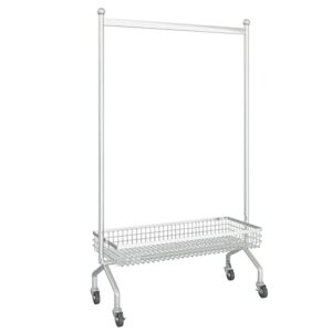 aralel garment rack silvery metal clothing rack on wheels heavy duty garment rack with storage basket sturdy clothes rail for hanging clothes space saving coat rack for bedroom(size:58x40x174cm)