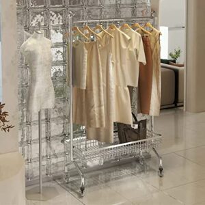 ARALEL Garment Rack Silvery Metal Clothing Rack On Wheels Heavy Duty Garment Rack with Storage Basket Sturdy Clothes Rail for Hanging Clothes Space Saving Coat Rack for Bedroom(Size:58X40X174CM)