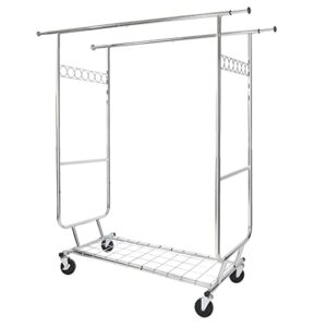 alupom extendable double rod clothing rack on wheels with shelves capacity 330lbs, heavy duty rolling chrome commercial garment rack for hanging clothes