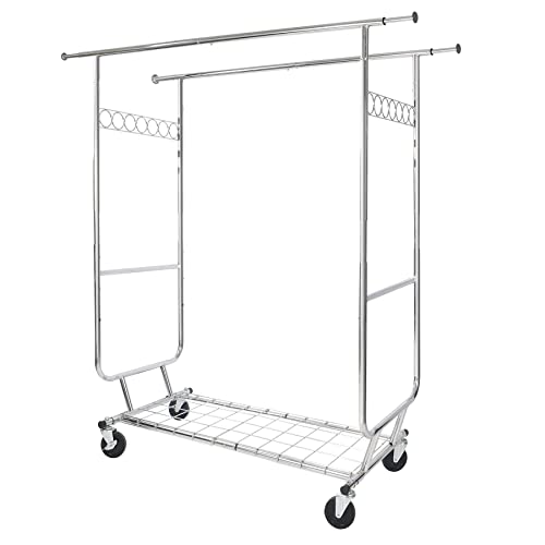 ALUPOM Extendable Double Rod Clothing Rack on Wheels with Shelves Capacity 330lbs, Heavy Duty Rolling Chrome Commercial Garment Rack for Hanging Clothes