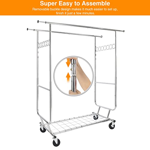 ALUPOM Extendable Double Rod Clothing Rack on Wheels with Shelves Capacity 330lbs, Heavy Duty Rolling Chrome Commercial Garment Rack for Hanging Clothes