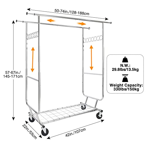 ALUPOM Extendable Double Rod Clothing Rack on Wheels with Shelves Capacity 330lbs, Heavy Duty Rolling Chrome Commercial Garment Rack for Hanging Clothes