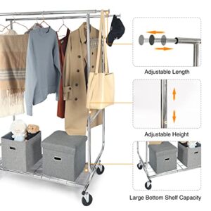 ALUPOM Extendable Double Rod Clothing Rack on Wheels with Shelves Capacity 330lbs, Heavy Duty Rolling Chrome Commercial Garment Rack for Hanging Clothes