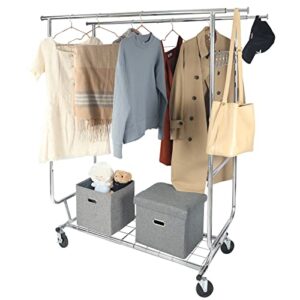 ALUPOM Extendable Double Rod Clothing Rack on Wheels with Shelves Capacity 330lbs, Heavy Duty Rolling Chrome Commercial Garment Rack for Hanging Clothes