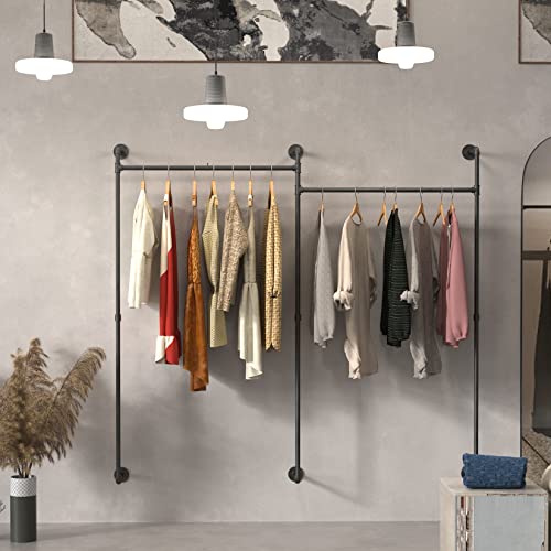 MOUTIK Industrial Pipe Retail Clothes Rack: Wall Mounted Heavy Duty Closet Storage Metal Rod - Iron Garment Hanging Bar Commercial Racks for Clothing Hanger Bedroom Wall Storage