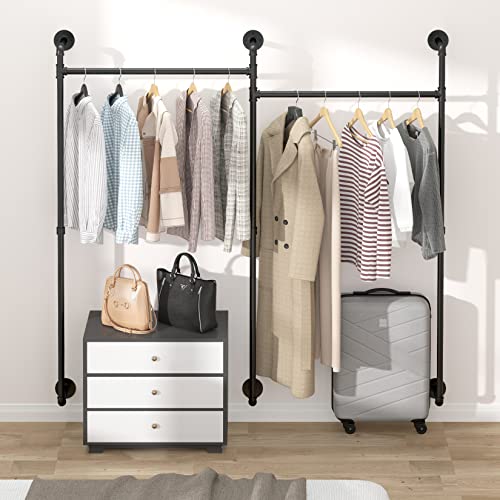 MOUTIK Industrial Pipe Retail Clothes Rack: Wall Mounted Heavy Duty Closet Storage Metal Rod - Iron Garment Hanging Bar Commercial Racks for Clothing Hanger Bedroom Wall Storage