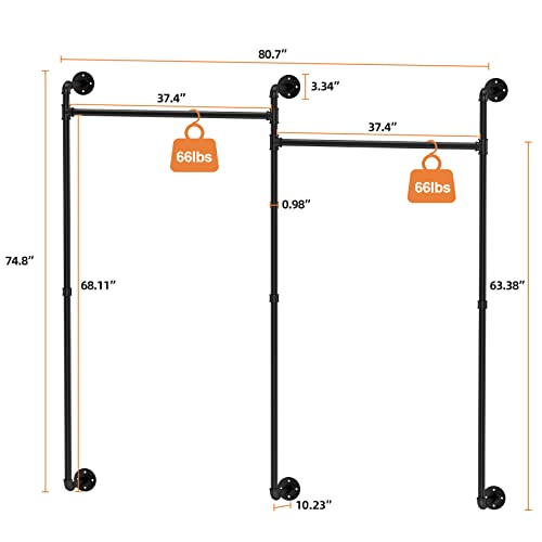 MOUTIK Industrial Pipe Retail Clothes Rack: Wall Mounted Heavy Duty Closet Storage Metal Rod - Iron Garment Hanging Bar Commercial Racks for Clothing Hanger Bedroom Wall Storage