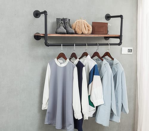 Wall-Mounted Clothes Rack with shelves, Industrial Pipe Clothes Hanging Bar, Space-Saving, 40 x 10 Inches, Easy Assembly, for Small Space, Retro Black