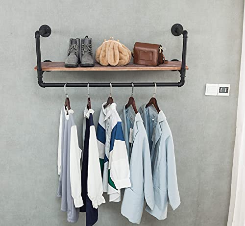Wall-Mounted Clothes Rack with shelves, Industrial Pipe Clothes Hanging Bar, Space-Saving, 40 x 10 Inches, Easy Assembly, for Small Space, Retro Black