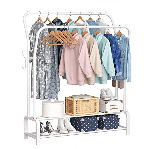 YAYI Garment Rack Clothes Rack Freestanding Hanger Double Rails Bedroom Clothing Rack With 2-Tier Lower Storage Shelf,White