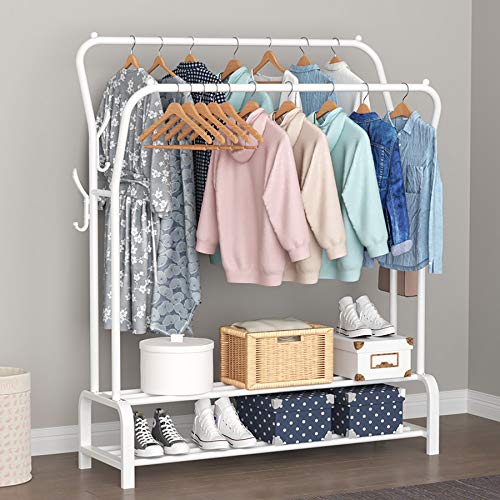 YAYI Garment Rack Clothes Rack Freestanding Hanger Double Rails Bedroom Clothing Rack With 2-Tier Lower Storage Shelf,White