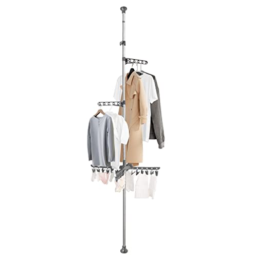 Hershii Expandable Clothes Drying Rack Laundry Pole Adjustable Vertical Garment Display Stand Coat Tree Hanger Airer Floor to Ceiling Tension Rod Storage Organizer - Grey