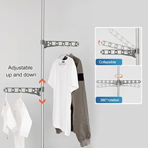 Hershii Expandable Clothes Drying Rack Laundry Pole Adjustable Vertical Garment Display Stand Coat Tree Hanger Airer Floor to Ceiling Tension Rod Storage Organizer - Grey