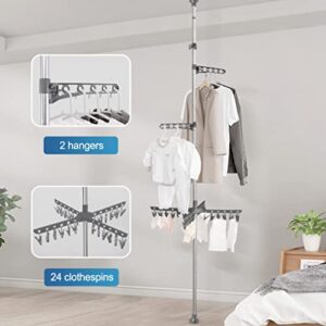 Hershii Expandable Clothes Drying Rack Laundry Pole Adjustable Vertical Garment Display Stand Coat Tree Hanger Airer Floor to Ceiling Tension Rod Storage Organizer - Grey