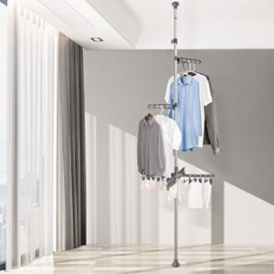 Hershii Expandable Clothes Drying Rack Laundry Pole Adjustable Vertical Garment Display Stand Coat Tree Hanger Airer Floor to Ceiling Tension Rod Storage Organizer - Grey