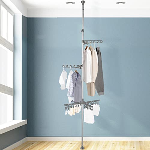 Hershii Expandable Clothes Drying Rack Laundry Pole Adjustable Vertical Garment Display Stand Coat Tree Hanger Airer Floor to Ceiling Tension Rod Storage Organizer - Grey