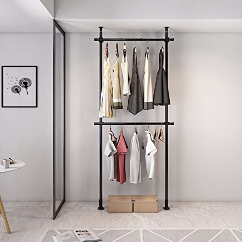 Industrial Pipe Clothing Rack, Black Clothes Rack 2 Tier Heavy Duty Freestanding Garment Racks with Double Rod Adjustable Clothes Rack for Closet, Floor to Ceiling Organizer for Hanging Clothes