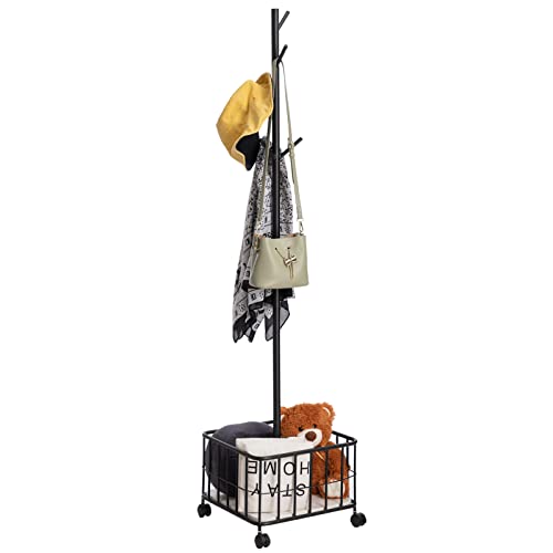 DOEWORKS Metal Laundry Rolling Sorter Cart with Garment Rack, Freestanding Laundry Basket Hamper Hanging Bar with Wheels for Clothes, Black