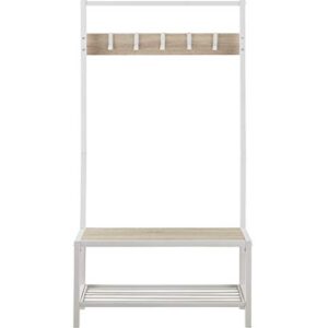 HOMISSUE Modern Style 2 Shelf Hall Tree with Storage Bench, Light Oak Bench and Lower Shelf with White Steel Frame, Entryway Shoe Rack with 5 Hooks for Garments