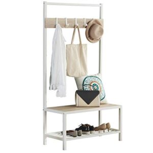 HOMISSUE Modern Style 2 Shelf Hall Tree with Storage Bench, Light Oak Bench and Lower Shelf with White Steel Frame, Entryway Shoe Rack with 5 Hooks for Garments