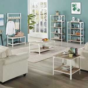 HOMISSUE Modern Style 2 Shelf Hall Tree with Storage Bench, Light Oak Bench and Lower Shelf with White Steel Frame, Entryway Shoe Rack with 5 Hooks for Garments