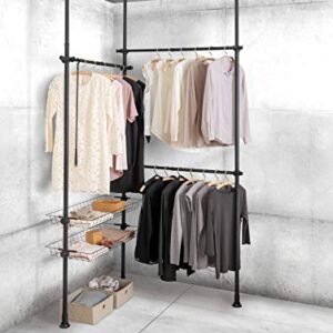 WENKO Adjustable Clothes Rack, Garment Rack System For Closet Organizer, Black Wardrobe Rack, Walk-in Closet, Clothes Organizer, 65-84.6 x 65-118.1 x 14.96 in, Black