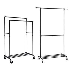 songmics double clothes rack and heavy duty clothing rack bundle, industrial metal pipe garment racks on wheels with shelves, commercial grade, black uhsr60b and uhsr62bk
