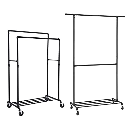 SONGMICS Double Clothes Rack and Heavy Duty Clothing Rack Bundle, Industrial Metal Pipe Garment Racks on Wheels with Shelves, Commercial Grade, Black UHSR60B and UHSR62BK