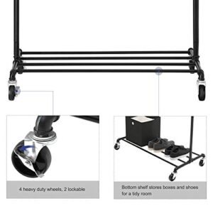 SONGMICS Double Clothes Rack and Heavy Duty Clothing Rack Bundle, Industrial Metal Pipe Garment Racks on Wheels with Shelves, Commercial Grade, Black UHSR60B and UHSR62BK