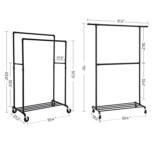 SONGMICS Double Clothes Rack and Heavy Duty Clothing Rack Bundle, Industrial Metal Pipe Garment Racks on Wheels with Shelves, Commercial Grade, Black UHSR60B and UHSR62BK