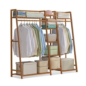monibloom bamboo 5-tier garment rack with 2 hanging rods free standing heavy duty clothing rack wardrobe closet organizer for bedroom living room, brown