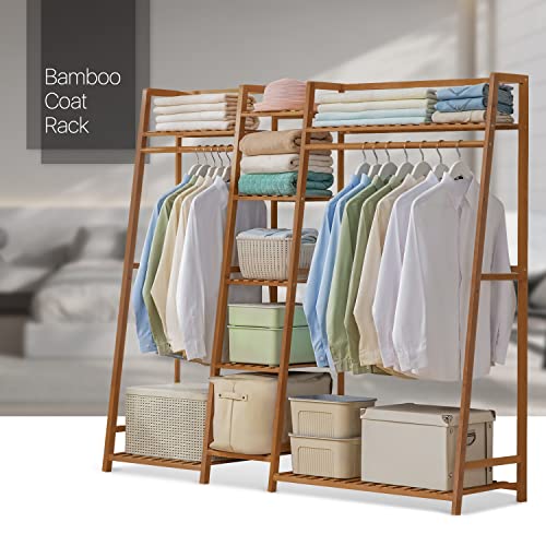 MoNiBloom Bamboo 5-Tier Garment Rack with 2 Hanging Rods Free Standing Heavy Duty Clothing Rack Wardrobe Closet Organizer for Bedroom Living Room, Brown