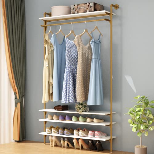 Loomie Clothes Rack, 78"H x 39"L Wall Mounted Clothing Rack with Four Adjustable Shelves and A Rod for Hanging Clothes, Heavy Duty Metal Garment Rack, Closet Hanger Rack with Shoe Rack, Gold & White