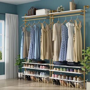 Loomie Clothes Rack, 78"H x 39"L Wall Mounted Clothing Rack with Four Adjustable Shelves and A Rod for Hanging Clothes, Heavy Duty Metal Garment Rack, Closet Hanger Rack with Shoe Rack, Gold & White