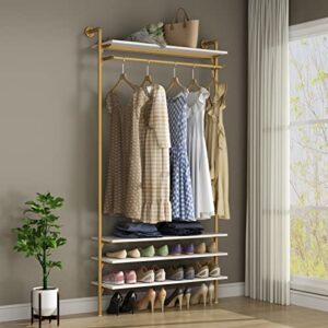 Loomie Clothes Rack, 78"H x 39"L Wall Mounted Clothing Rack with Four Adjustable Shelves and A Rod for Hanging Clothes, Heavy Duty Metal Garment Rack, Closet Hanger Rack with Shoe Rack, Gold & White