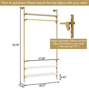 Loomie Clothes Rack, 78"H x 39"L Wall Mounted Clothing Rack with Four Adjustable Shelves and A Rod for Hanging Clothes, Heavy Duty Metal Garment Rack, Closet Hanger Rack with Shoe Rack, Gold & White