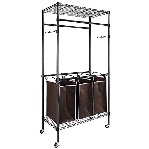 HopeHope Garment Rack for Hanging Clothes, Folding Garment Rack with Wheels, Adjustable Height. 3-Bag Laundry Sorter