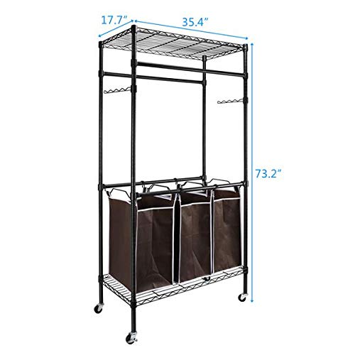 HopeHope Garment Rack for Hanging Clothes, Folding Garment Rack with Wheels, Adjustable Height. 3-Bag Laundry Sorter