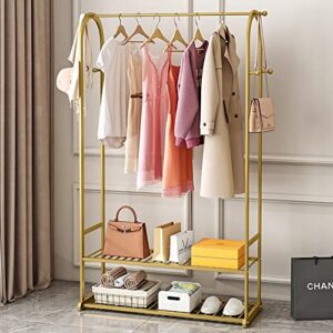 maikailun 2- layer clothing rack gold,modern industrial clothes rack for hanging clothes with top rod and bottom shelves, multi-functional heavy duty garment rack cloest organizer and 6 hooks (59")