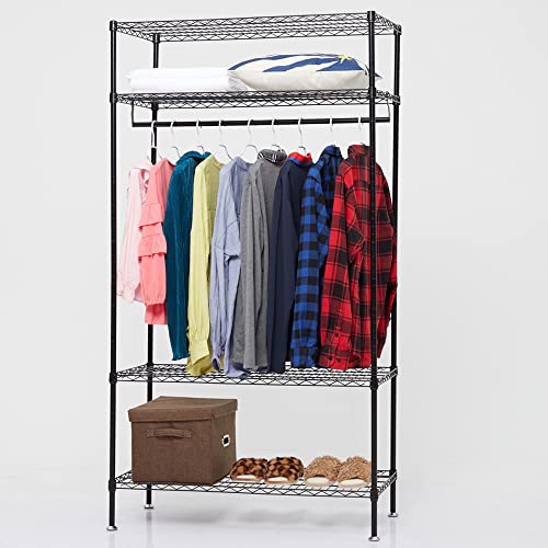 ChaoLink 4 Tiers Metal Garment Rack with Storage Shelves,Hanging Rod,Heavy Duty Steel Clothes Rack,Narrow Garment Rack for Small Space Kids Bedroom,Laundry Room,Dorms Hanging Clothes 18 x36 x71inches