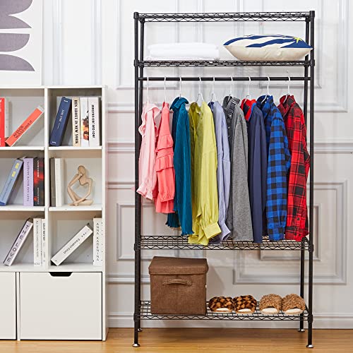 ChaoLink 4 Tiers Metal Garment Rack with Storage Shelves,Hanging Rod,Heavy Duty Steel Clothes Rack,Narrow Garment Rack for Small Space Kids Bedroom,Laundry Room,Dorms Hanging Clothes 18 x36 x71inches